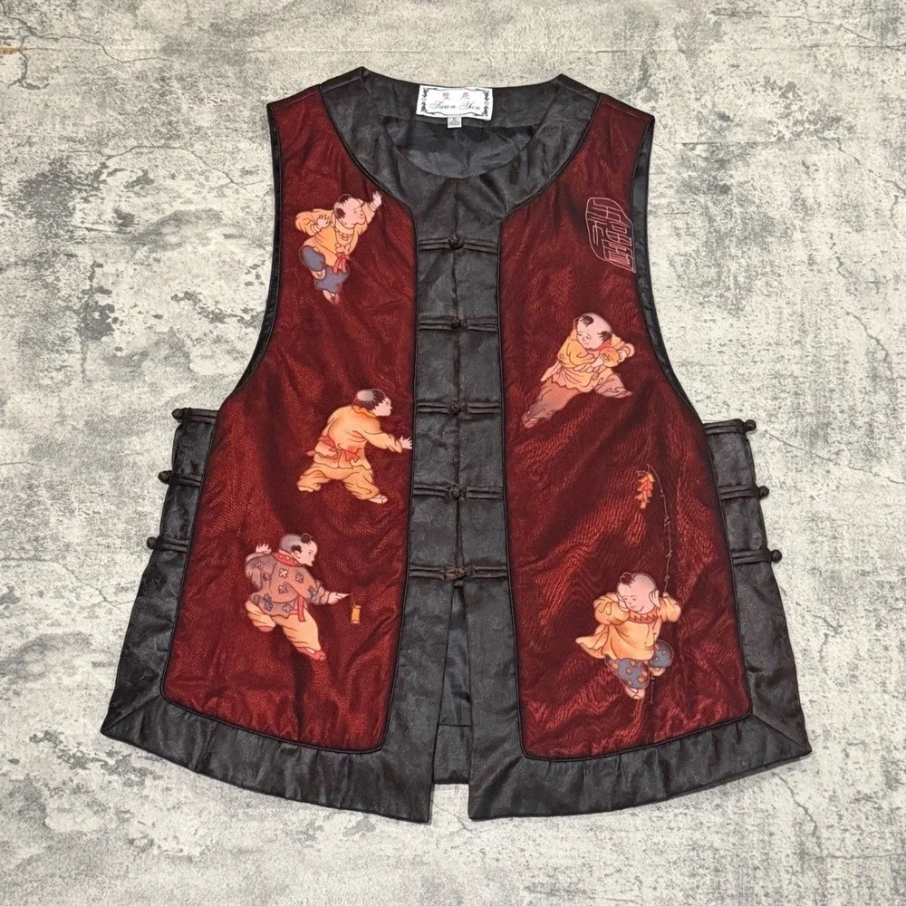 Vintage Traditional Chinese Vest‎ XL Red Black Frog Button Graphic Print